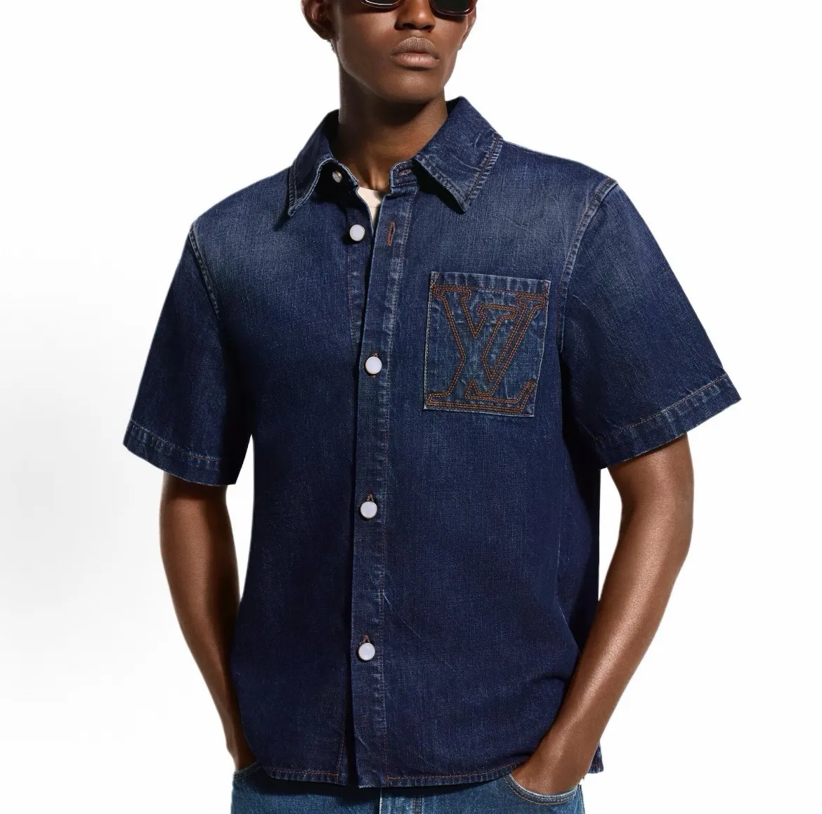 Louis Vuitton/Louis Vuitton pocket logo embroidered short-sleeved denim shirt